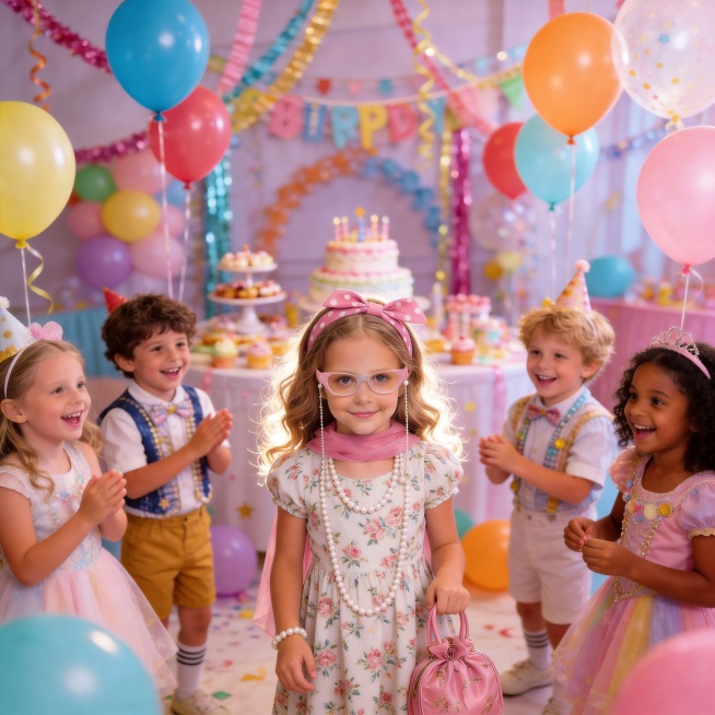 保留图中女孩五官脸型、所有珍珠饰品、粉色手提包和派对场景，仅将女孩身上的浅蓝色纯色连衣裙替换为清新甜美碎花连衣裙，保持整体欢快氛围和原有构图不变预览效果