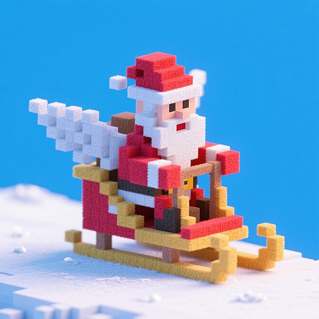 一个圣诞老人，驾着带翅膀的雪橇车，纯蓝色背景，色彩鲜艳