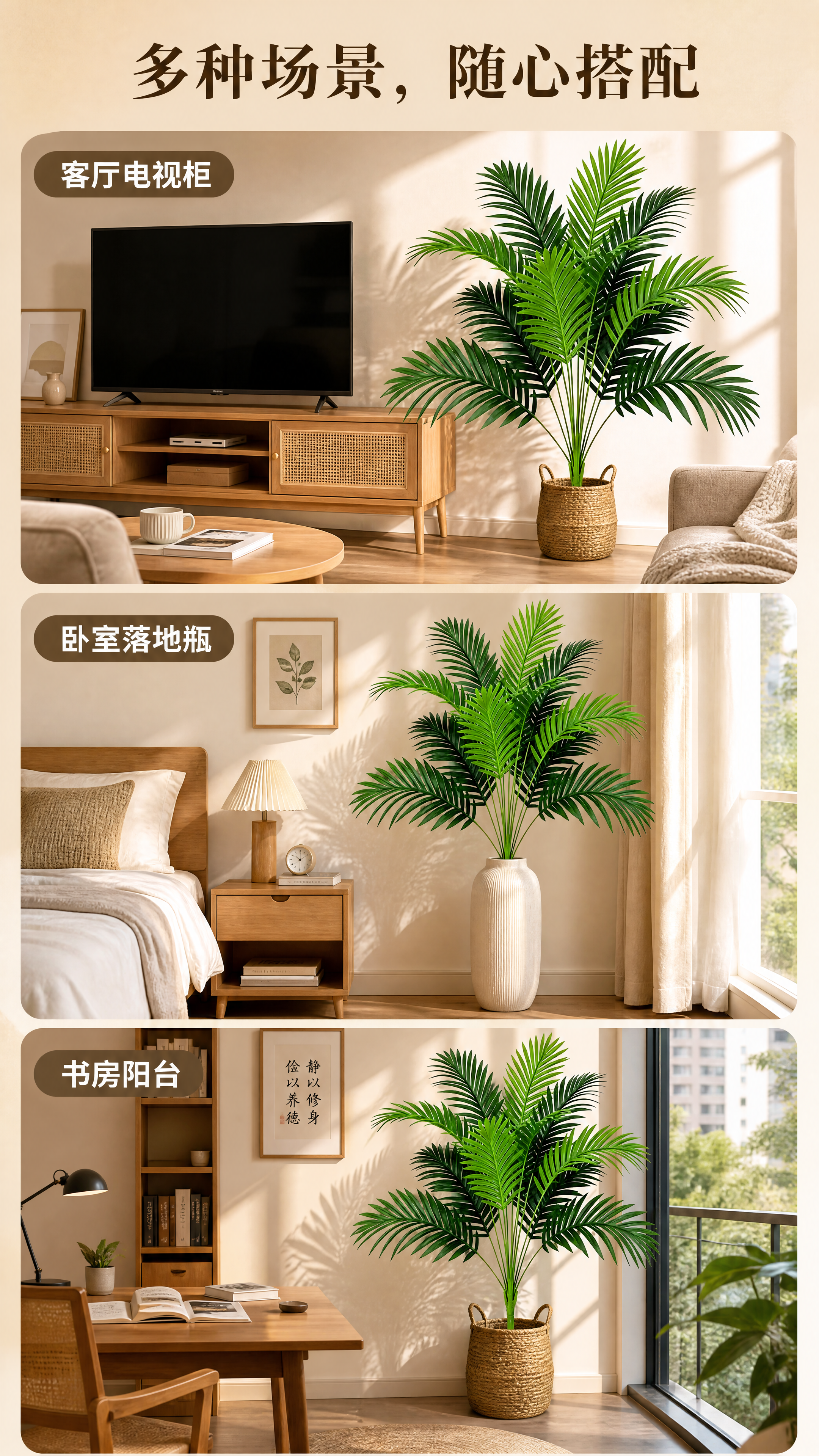 [第3屏] 多场景展示，仿真散尾葵适配不同家居空间。本屏使用【… - 图片创意预览