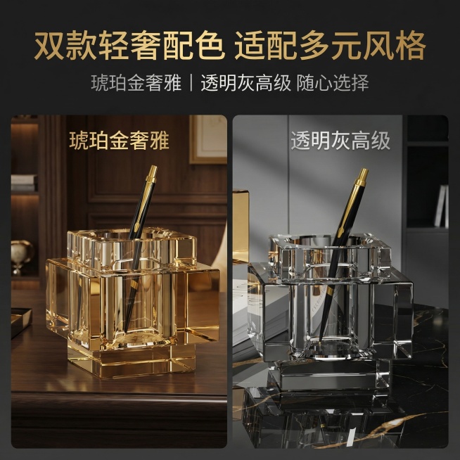 1:1 竖版电商主图，严格还原上传的产品图，包括颜色、造型、质感等所有细节，严格遵循画面左右分栏对称布局，左侧展示琥珀色水晶笔筒，右侧展示透明灰色水晶笔筒，两款产品分别搭配对应商务办公场景；主标题 "预览效果