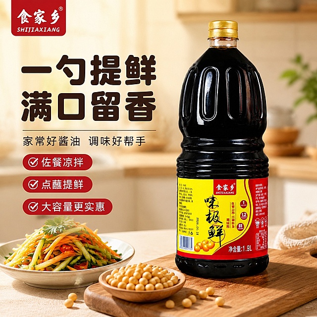[第1屏] 详情页头图-食家乡味极鲜酿造酱油厨房场景宣传图。本屏使用【图1】作为商品主体。
[氛围/风格] 温馨家常厨房风，暖米色调，自然烟火气，商业美食摄影质感。
[元素布局] 酱油瓶置于画面右侧，占比约70%；左侧为文案区，下方摆放木质砧板，搭配新鲜黄豆和刚做好的凉拌菜点缀，酱油瓶轮廓、颜色、包装文字与输入产品图保持一致。背景虚化厨房台面，层次感丰富。
[光影质感] 左侧柔和自然光，右侧重点打亮产品瓶身，右下角自然投影，整体通透有食欲，保留酱油瓶身高光。
[配色色系] 全局底色 #FFF9F0，主色暖米黄，辅助色深红品牌色，浅棕木质砧板。
[视角构图] 正面平视视角，产品为视觉中心，阅读动线左文案 → 右产品 → 底部点缀，构图简洁稳定。
[文字版式] 版式左文右图。主标题「一勺提鲜 满口留香」，副标题「家常好酱油 调味好帮手」，圆角粗黑体左对齐；下方三个卖点标签「佐餐凉拌」「点蘸提鲜」「大容量更实惠」，文字清晰不遮挡产品主体，字形字色保持统一。
[比例分辨率] 1:1 正方形比例，4K分辨率，文字清晰可辨，高清画质。
[负向提示词] 瓶身变形，缺件错件，包装文字错乱，颜色偏差，水印，文字模糊，背景杂乱