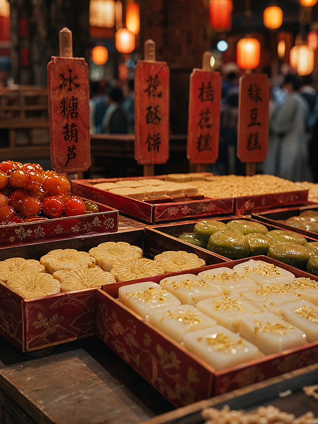 Song Dynasty night market street food, assorted delicacies in meihong red boxes, close-up shot, vibrant colors, traditional Chinese street food scene, food photography style, high definition