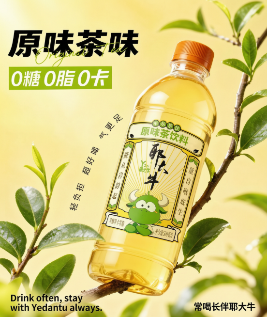 去掉图片左上角的LOGO文字，将左下角英文修改为 "Drink often, stay with Yedaniu always."，右下角文字修改为 "常喝长伴耶大牛"，保持现有排版、产品、配色和整体预览效果
