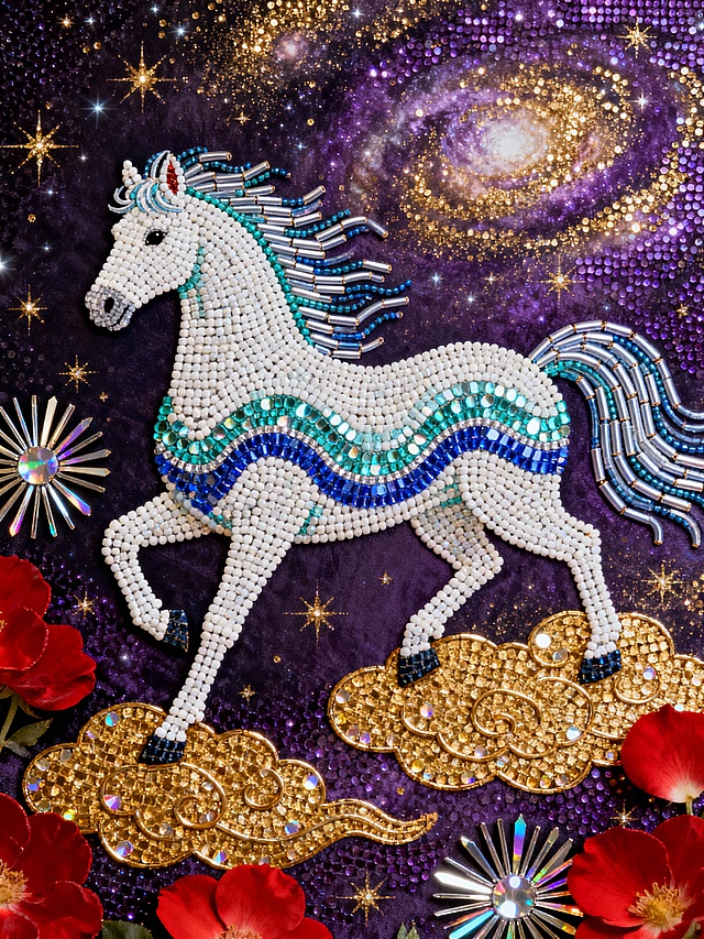 主体是一匹巨大的、灵动飘逸的白青色马。马身白青蓝，鬃毛如水流般飘动。马踏在一朵金色祥云上，周围环绕红色花瓣与光粒。背景为深紫与金色星云纹理，整体梦幻、祥瑞、充满新年力量感