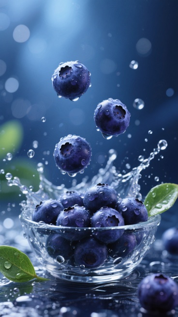 超写实风格的蓝莓背景，深蓝色调为主，点缀水珠的光泽与水花四溅的动态效果，几颗饱满的蓝莓悬浮于半空，底部是盛满蓝莓的玻璃碗，周围环绕着晶莹的水滴和几片翠绿的叶子，背景带有朦胧的光斑，整体营造出清新、水润且富有生命力的氛围，光影层次分明，细节质感细腻，水珠的透明感和蓝莓的紫黑色泽形成鲜明对比，构图饱满且富有动感，适合作为具有自然清新设计感的背景使用。预览效果