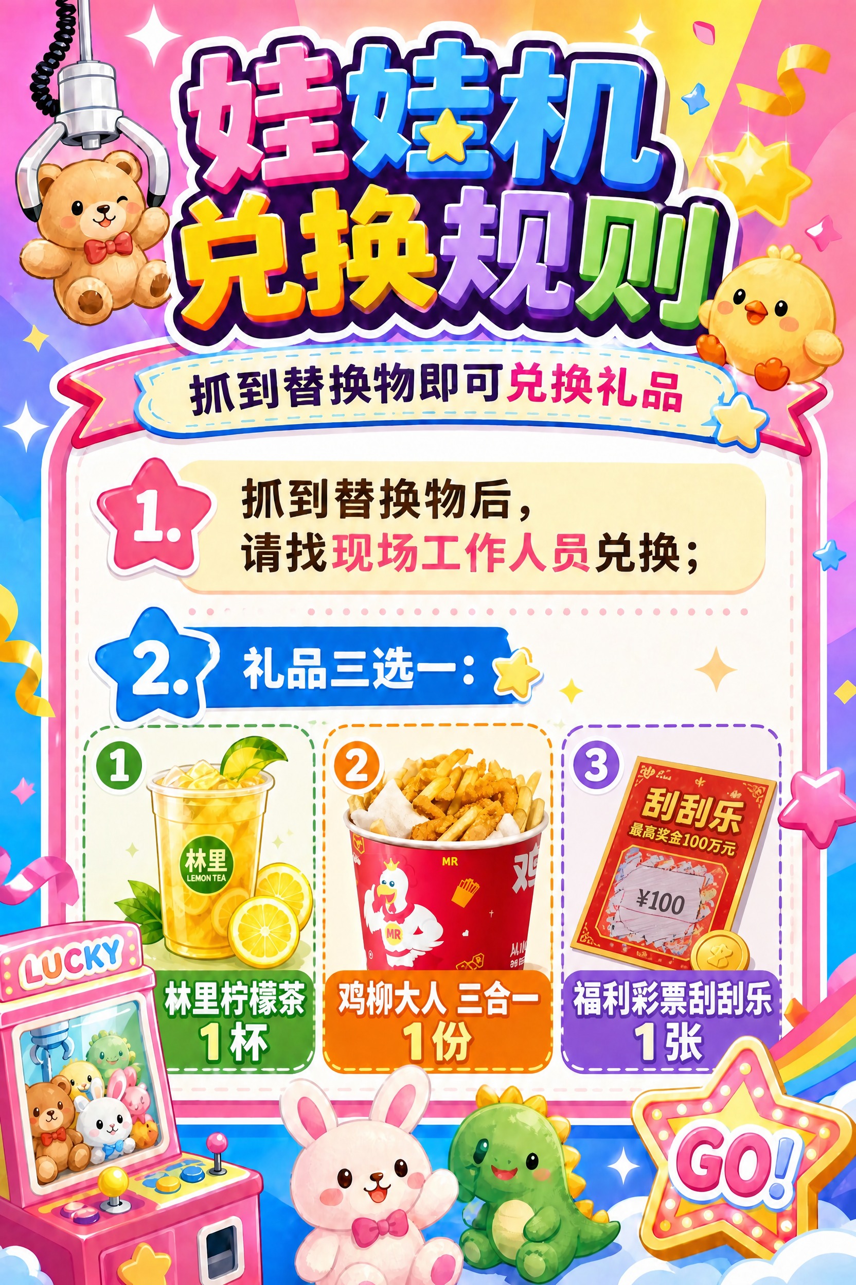 基于这张娃娃机兑换规则海报，在原有礼品选项中新增第三个礼品选项… - 图片创意预览