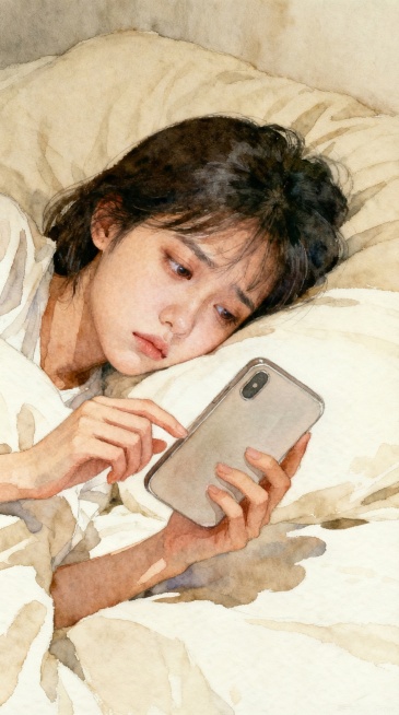 水彩风格，画面简洁高级，刚下班的年轻女孩疲惫地躺在床上，拿着背面朝向镜头的手机，满脸倦怠不想回复消息，氛围慵懒又疲惫预览效果