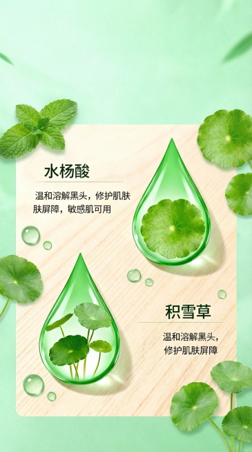 去黑头导出液详情页核心卖点区块，绿色清新自然风格，增加真实植物叶片、绿色水珠等自然元素装饰，薄荷绿浅木色配色，用绿色水滴图标标注水杨酸、积雪草植物成分，搭配文字“温和溶解黑头，修护肌肤屏障，敏感肌可用预览效果
