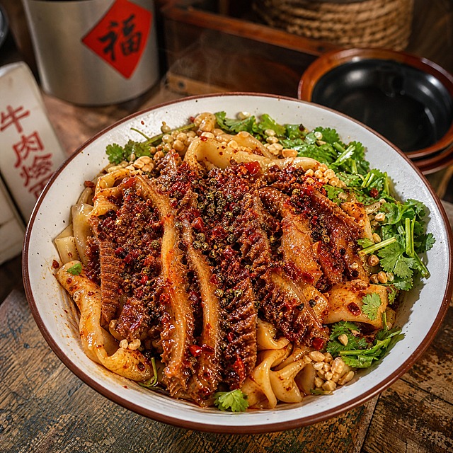 一碗河南烩面风格的干拌麻辣牛肚面，粗厚的烩面面条上铺满大片卤牛肚，撒满红辣椒粉和花椒，红油酱汁裹满每根面条，碗边点缀香菜和花生碎，放在老旧木质桌面上，背景是市井小面馆的烟火气，暖黄灯光，蒸汽升腾，真实美食摄影风格，俯拍视角，色泽诱人，麻辣鲜香的视觉感，市井烟火气息浓厚