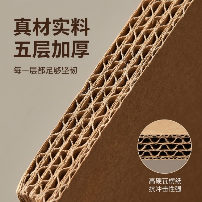 基于提供的牛皮纸飞机盒图片，生成材质细节展示主图，采用微距视角展示纸箱的五层瓦楞截面纹理，纹理清晰可见，质感厚实，背景为浅暖灰色，侧逆光打光凸显瓦楞的层次感和厚度。画面左侧主标题“真材实料 五层加厚”预览效果