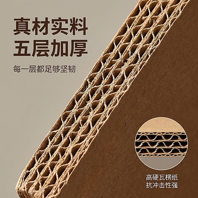 基于提供的牛皮纸飞机盒图片，生成材质细节展示主图，采用微距视角展示纸箱的五层瓦楞截面纹理，纹理清晰可见，质感厚实，背景为浅暖灰色，侧逆光打光凸显瓦楞的层次感和厚度。画面左侧主标题“真材实料 五层加厚”，下方小字“每一层都足够坚韧”，右下角特写框内放大展示瓦楞的细节结构，标注“高硬瓦楞纸 抗冲击性强”，文字为无衬线深棕色，悬浮在画面负空间，不遮挡材质主体，整体风格舒适简约，光影柔和，适配淘宝天猫平台。
