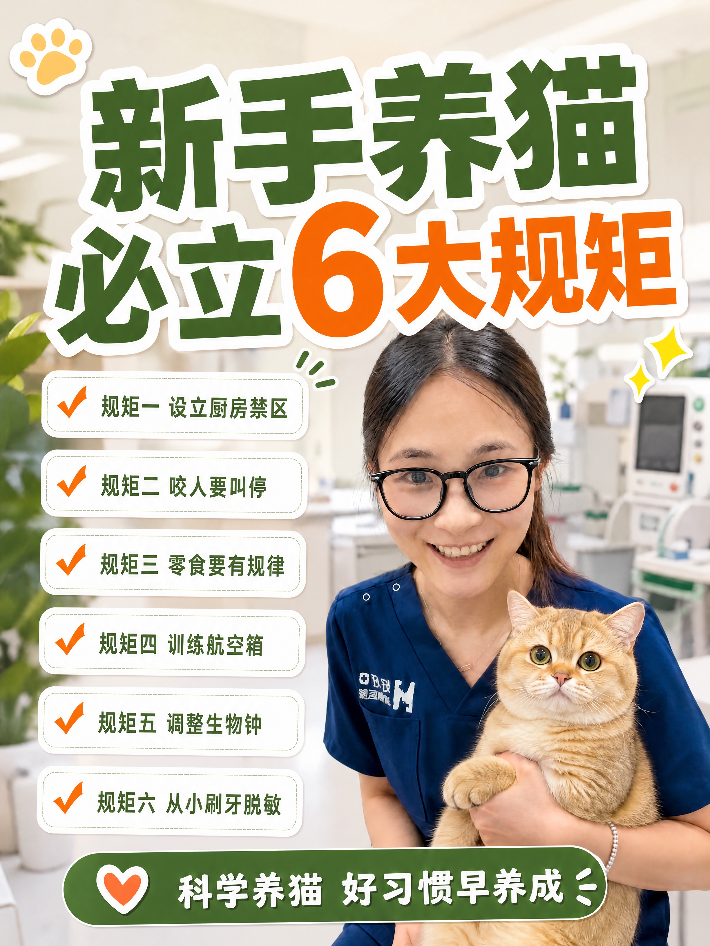 保持画面整体构图、人物、猫咪、背景、左侧6条规矩条目、底部标语… - 图片创意预览