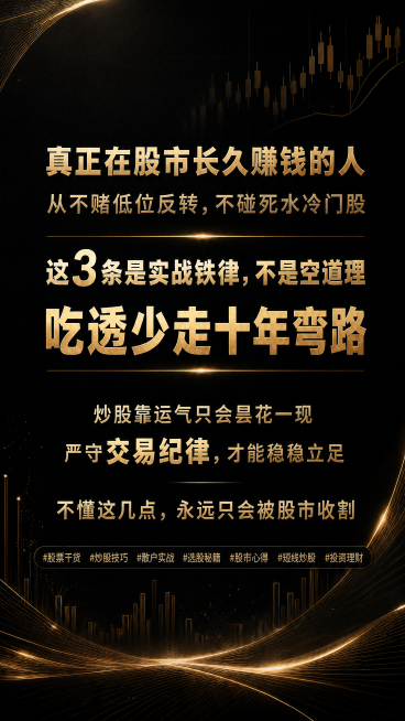 保持原有文字内容和字体样式不变，只替换背景为提供的黑金K线流动背景图，文字依然是鎏金暗金色粗体醒目，排版不变，内容为"真正在股市长久赚钱的人
从不赌低位反转，不碰死水冷门股
这3条是实战铁律，不是空道预览效果