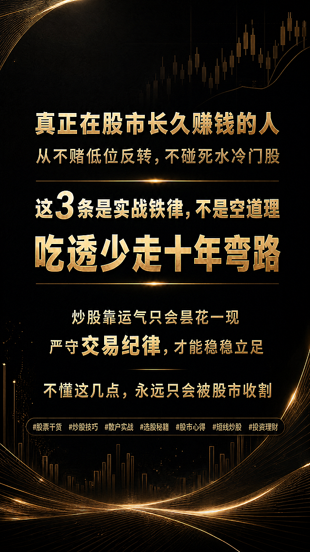 保持原有文字内容和字体样式不变，只替换背景为提供的黑金K线流动背景图，文字依然是鎏金暗金色粗体醒目，排版不变，内容为"真正在股市长久赚钱的人
从不赌低位反转，不碰死水冷门股
这3条是实战铁律，不是空道理
吃透少走十年弯路

炒股靠运气只会昙花一现
严守交易纪律，才能稳稳立足
不懂这几点，永远只会被股市收割

#股票干货 #炒股技巧 #散户实战 #选股秘籍 #股市心得 #短线炒股 #投资理财"，整体高级冷调沉稳干货气场拉满