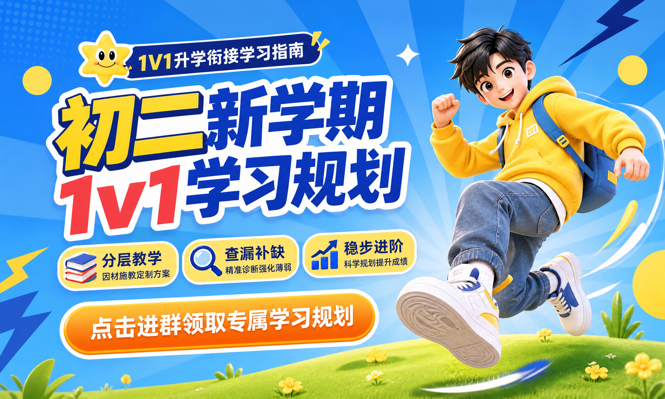 参考图2的版式结构和3D卡通人物风格，参考图1的蓝黄主色调配色… - 图片创意预览