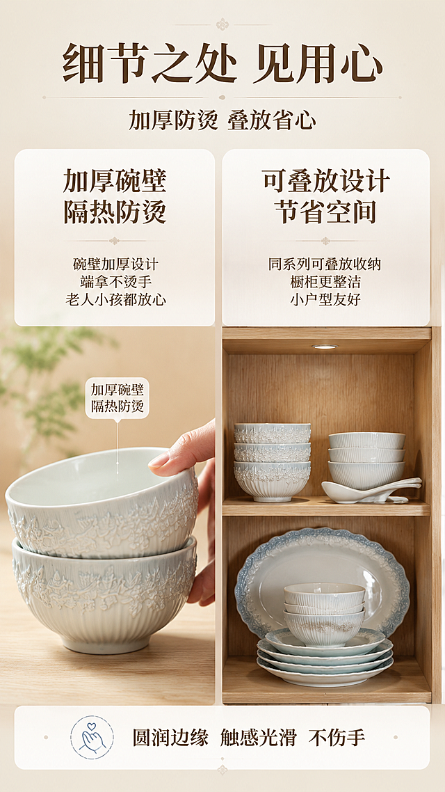 [第7屏] 使用体验页-防烫加厚与叠放收纳。本屏使用【图4】作为餐具叠放展示主体。
[氛围/风格] 实用功能风，左右对比布局，清晰直观，居家场景感。
[元素布局] 画面左右分栏：左侧展示「加厚防烫」，饭碗叠放特写，手部轻触碗身，标注加厚碗壁；右侧展示「叠放收纳」，餐盘碗碟整齐叠放，节省橱柜空间；背景为浅木色橱柜内部场景，温馨居家；餐具器型、颜色、浮雕与输入图一致。
[光影质感] 橱柜内柔和顶光，餐具釉面反光自然，阴影柔和，整体温暖明亮。
[配色色系] 全局底色 #F0E8DD 暖木色；主色雾蓝 #8FA8C0；辅助色奶白、浅棕；点缀色白色标签。
[视角构图] 左右等分双栏构图，左防烫右收纳，阅读动线从左到右。
[文字版式] 顶部主标题「细节之处 见用心」，副标题「加厚防烫 叠放省心」；左栏上方标题「加厚碗壁 隔热防烫」，下方说明「碗壁加厚设计 端拿不烫手 老人小孩都放心」；右栏上方标题「可叠放设计 节省空间」，下方说明「同系列可叠放收纳 橱柜更整洁 小户型友好」；底部加一行「圆润边缘 触感光滑 不伤手」；文字为深棕色，温暖易读。
[比例分辨率] 9:16 竖版比例，4K分辨率，文字清晰可辨。
[负向提示词] 餐具变形，叠放不稳，颜色偏差，手部变形，文字错乱，水印。