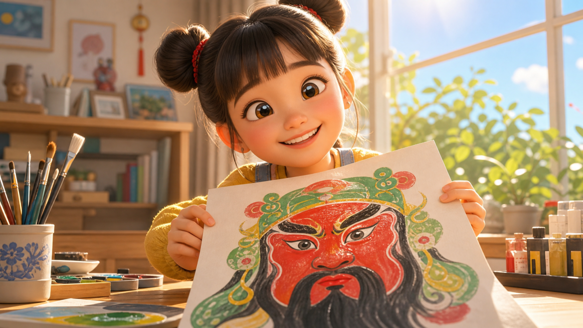 皮克斯动画风格 (Pixar Animation Style)，电影级布光，浅景深，温馨治愈。16:9大特写拉镜，画纸上一幅色彩鲜艳神态生动精致的关公脸谱已经完成，颜料微微反光，镜头拉远露出扎双丸子头预览效果