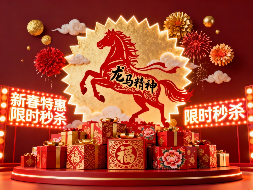 以下是对应的AI绘画提示词：
- **主体**：一匹矫健的红色剪纸风格骏马，身姿挺拔，肌肉线条分明，呈腾空跃起姿态，马身巧妙融入具有书法韵味的“龙马精神”字体，字体笔触流畅，与马的形态自然融合，展现出预览效果