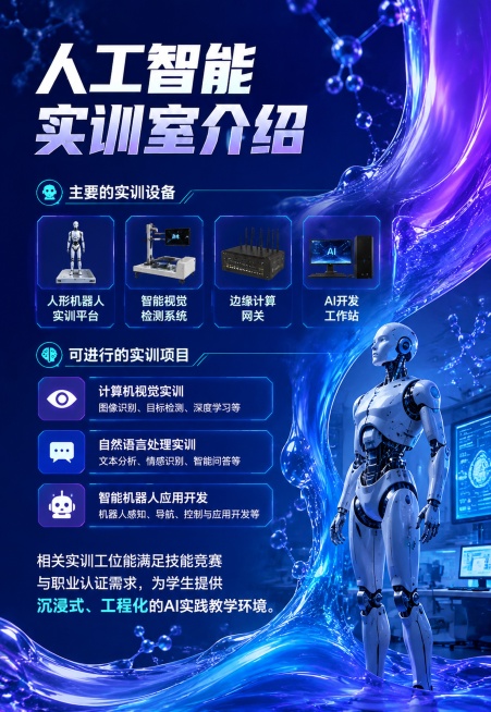 设计一张人工智能实训室介绍海报，尺寸900x1300，延续蓝紫渐变科技风，包含文字："人工智能实训室介绍”主要的实训设备有人形机器人实训平台、智能视觉检测系统、边缘计算网关、AI开发工作站等。可进行的预览效果