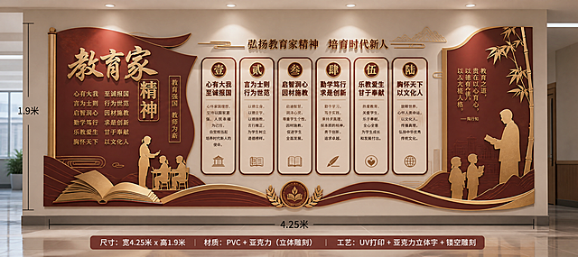 设计初中学校文化墙  尺寸4.25乘以1.9米  棕红色和金色系列 主题:教育家精神,材质PVC加亚克力，适合于初中走廊