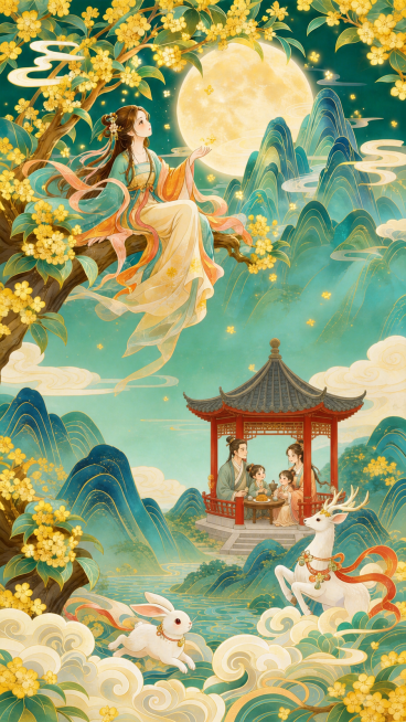在亭子里添加一家人在赏月，在前景添加金线，保持原图国潮插画风格，保留原有的桂花、女子、白兔、白鹿、满月、山水元素预览效果