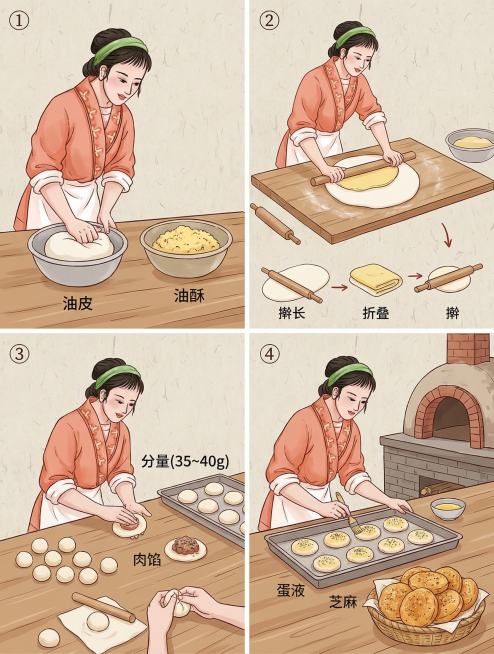 参考图片的人物形象和复古插画风格，生成一组四张插画展示制作棋子烧饼的过程：1.制油皮 / 油酥：人物分别将油皮和油酥材料揉成团； 2.包酥起层：油皮包裹油酥，擀长、折叠、再擀，反复3-4次形成千层酥；预览效果