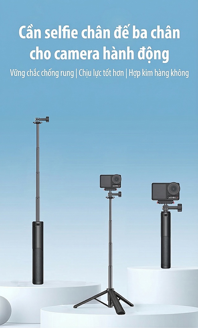 将图中的所有中文文字替换为对应越南语，大标题是"Cần selfie chân đế ba chân cho camera hành động"，副标题是"Vững chắc chống rung | Chịu lực tốt hơn | Hợp kim hàng không"，保持原图的设计风格、字体样式、排版布局和背景完全不变，文字颜色和大小位置和原图完全一致
