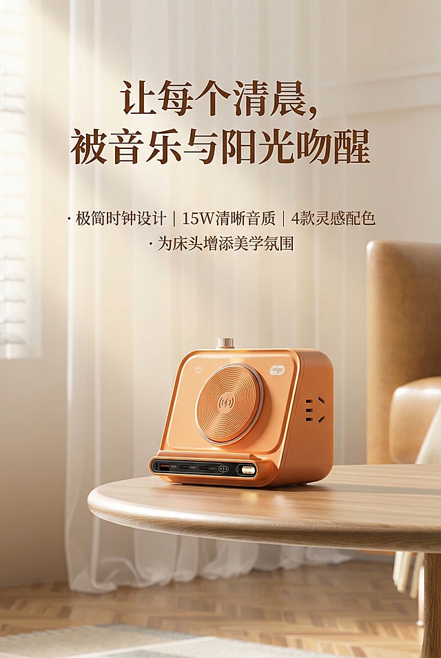 把音响放到图2，然后加以下文案：
让每个清晨，被音乐与阳光吻醒
· 极简时钟设计｜15W清晰音质｜4款灵感配色
· 为床头增添美学氛围