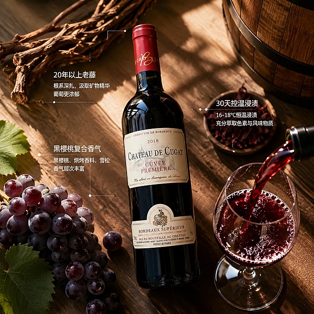 [主图-3] 古佳窖藏红葡萄酒工艺细节展示图，氛围风格专业工艺质感，画质为商业摄影质感、光线柔和通透、产品清晰真实、画面干净高级。画面中央为葡萄酒瓶，周围环绕核心原料与工艺元素：左下角放置一串带霜的新鲜紫葡萄，右下角展示葡萄酒液倒入酒杯的动态瞬间，酒液光泽通透。保持葡萄酒瓶外观（即物理结构、材质质感、颜色）与输入产品图绝对一致，杜绝任何变形和色差，精细化处理。商品主体占比严格控制在60%左右，画面满屏无边框。光影采用自然暖逆光，突出葡萄果皮纹理和酒液通透光泽，氛围高级有食欲。配色为深酒红+葡萄紫+浅原木背景色调，自然温暖。视角构图为45度斜侧俯视，元素布局平衡不拥挤。文字版式用细线连接各元素，对应标注核心卖点：20年以上老藤、30天控温浸渍、黑樱桃复合香气，文字小号清晰，布局清爽不抢主体。输出要求为1:1比例，分辨率2K，中等画质，文字清晰可辨，超高清商业摄影质感。负向提示词：变形，文字错乱，产品图模糊，背景杂乱，水印，电商平台Logo，出现绝对化违禁词。
