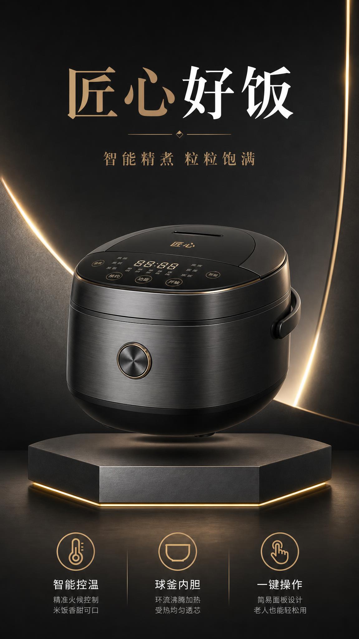 电饭煲商品营销海报，高级极简风格，品质感十足。画面中央是一台深… - 图片创意预览
