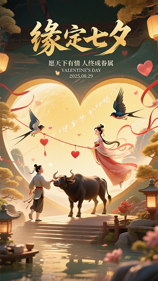 爱心为框，借牛郎织女、仙牛、飞鹊，传递 缘定七夕浪漫