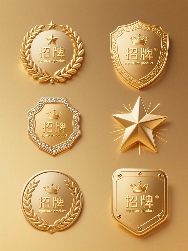 金色系3D质感徽章设计，纯金色渐变背景，六个造型各异但统一风格的徽章系列规整排布。每个徽章中心均包含“招牌”中文字样及“signature product”英文字样，上方有金色皇冠元素。第一个徽章为圆形，外环装饰月桂叶纹样及五角星；第二个徽章为盾形，边缘带有卷草花纹；第三个徽章为六边形，边框镶嵌立体宝石效果；第四个徽章为星形，尖端处有放射状光芒；第五个徽章为椭圆形，环绕橄榄枝图案；第六个徽章为方形圆角，四角点缀立体铆钉。所有徽章均保持金属光泽质感，光影表现统一，高光集中在顶部边缘，阴影呈现自然渐变，整体设计传达高端、权威、精致的视觉感受。