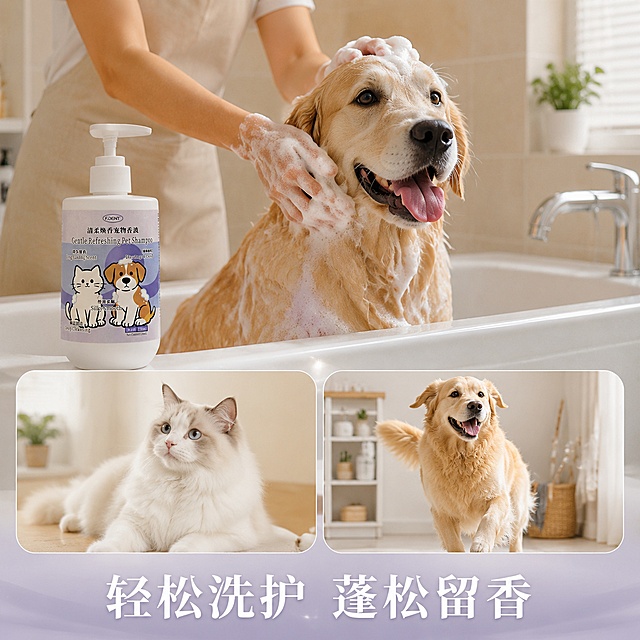 F.DENT清柔焕香宠物香波
F.DENT Gentle Refreshing Pet Shampoo

深层清洁｜丝滑柔顺｜持久留香
Deep Cleansing | Silky Smooth | Long-Lasting Scent
猫狗通用
For Dogs & Cats
  
产品功效 Product Efficacy
温和洁净毛发污垢与异味，添加柔顺护理因子，抚平毛躁、减少打结，令毛发蓬松顺滑；高级香氛体系，留香持久，给爱宠沙龙级洗护体验。 
Gently cleanses dirt and odor from pet fur. Enriched with smoothing care factors, it tames frizzy fur, reduces tangling, and leaves the fur fluffy and sleek. Featuring a premium fragrance system with long-lasting scent, it brings a salon-level grooming experience for your beloved pet.

主要成分： 
Key Ingredients
植物提取物、月桂酰硫酸酯钠、椰油酰胺丙基甜菜碱、甘油、水解角蛋白、泛醇、植物香氛、防腐剂（符合国标）
Plant extracts, Sodium Lauroyl Sulfate, Cocamidopropyl Betaine, Glycerin, Hydrolyzed Keratin, Panthenol, Plant Fragrance, Preservatives (Compliant with National Standards)
 
适用对象：
犬猫通用，全年龄段适用
 For Dogs & Cats | All Ages

使用方法 Directions for Use
1. 用温水将爱宠毛发完全打湿 
Wet your pet's fur thoroughly with warm water.
2. 取适量浴液均匀涂抹，轻柔按摩起泡 
Apply an appropriate amount of shampoo and massage gently to create lather.
3. 重点清洁腋下、四肢、尾部等部位 
Focus on cleaning underarms, limbs, tail and other key areas.
4. 用清水彻底冲洗干净，擦干吹干即可
Rinse thoroughly with clean water, then dry the fur completely.「图片1」「图片1」「图片1」「图片1」「图片1」「图片1」
