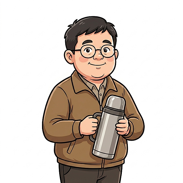 参考提供图片中的卡通插画设计风格，生成一位40岁的中年男老师，微胖身材，戴圆框眼镜，穿夹克，手拿保温杯，憨厚微笑，纯白色背景，年龄在35-50之间