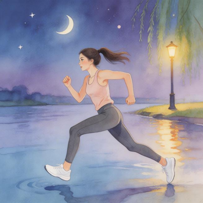水彩手绘风格夜跑场景，女性模特，跑步姿势为大步跨越的动态姿势，柔和晕染色彩，艺术笔触，河岸夜景预览效果