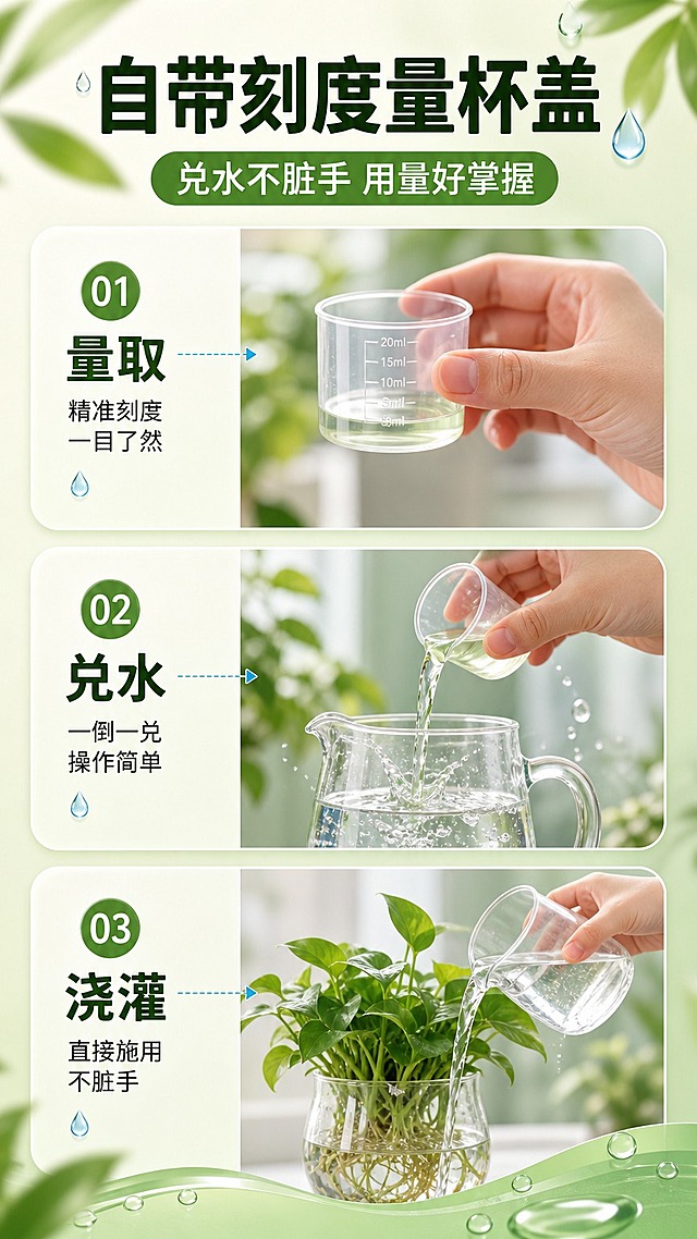 [画面] 页面目标：展示「自带刻度量杯盖 兑水不脏手」使用便利性，不出现产品瓶身。构图：三步流程竖排，从上到下依次为「① 量取」——手部持带刻度透明量杯，对准刻度线；「② 兑水」——将量杯中液体倒入清水玻璃壶，水滴飞溅；「③ 浇灌」——用兑好的营养液浇灌水培植物，手部动作自然；每步配编号圆标与小说明。
[视觉] 套系策略：风格=清新自然电商详情页，水培绿植治愈风；标题字=粗黑体，圆润有力；正文字=简洁无衬线黑体；主色=清新植物绿；背景延展=基于植物绿做深浅层级、同色渐变与水润玻璃质感，搭配米白浅底；强调色=浅湖蓝，仅用于小面积图标、引线、标签和水滴光效；标题色=深墨绿；正文色=深灰绿；组件=圆角信息卡、细线引线、水滴形图标；光影=左前侧柔和自然光，通透水润。
[文字] 顶部主标题「自带刻度量杯盖」，副标题「兑水不脏手 用量好掌握」；三步分别标注「精准刻度 一目了然」「一倒一兑 操作简单」「直接施用 不脏手」；全部横向排版，步骤编号清晰。
[规格] 图片比例9:16竖版，分辨率1K，质量medium；避免出现产品瓶身、包装、错字、文字过小、手部动作不自然、极限词。