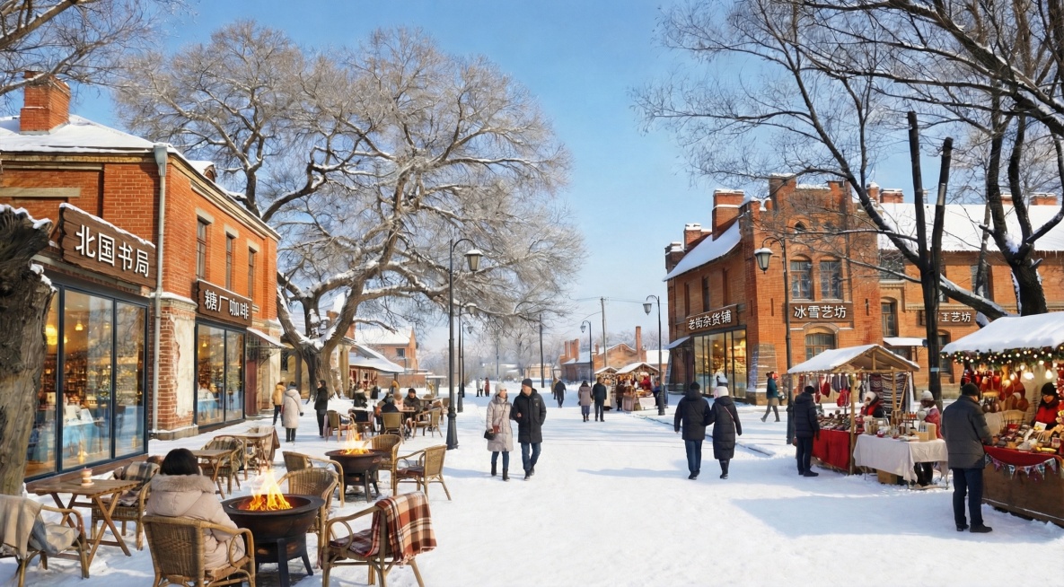 精准根据阿城糖厂老工业区保护建筑照片，生成商业街改造效果图，预览效果