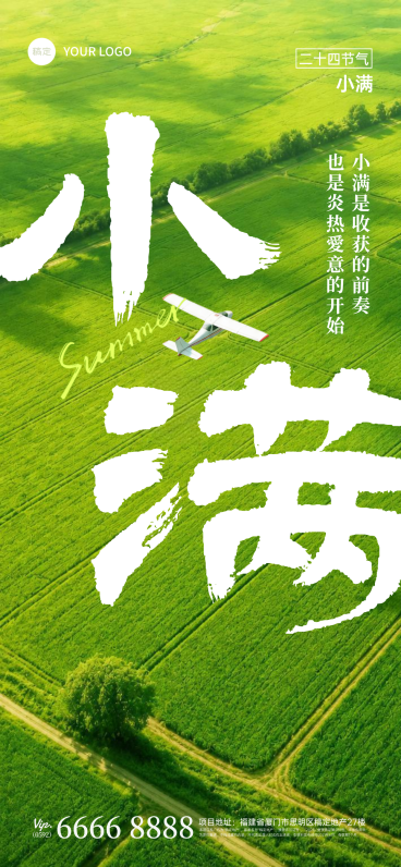 小满节气水墨风大字与实景航拍田野融合海报预览效果