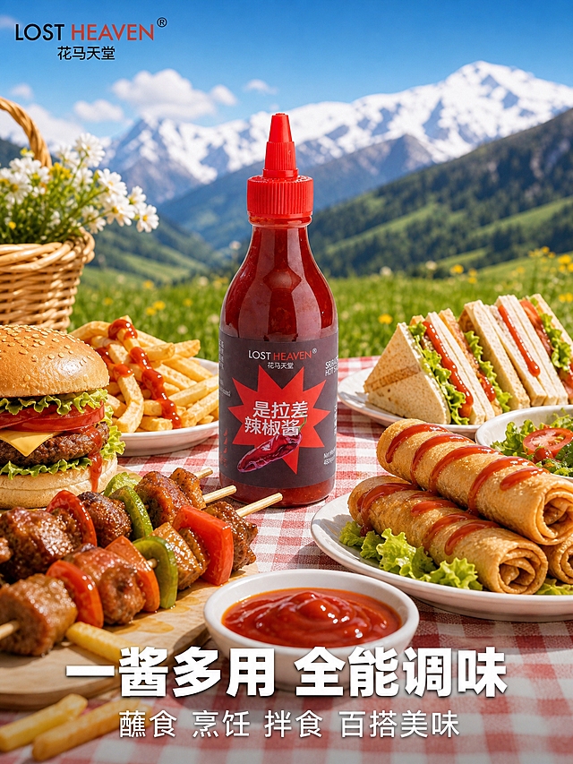 [主图-3] 多场景食用图，展示辣椒酱一酱多用的全能调味属性，增强使用场景联想。
[统一基调] 高原自然产地视觉风格，整体色调以蓝天绿草的清新自然色为主，产品红色形成强烈视觉焦点；标题字为白色粗黑体带轻微阴影，辅助文字为白色；品牌Logo置于左上角安全区；整体为商业摄影级高清质感，自然光柔和明亮。
[画面] 3:4竖版构图，画面上半部分为高原雪山远景，蓝天白云。画面中下部为户外野餐场景，红白格子野餐布铺在草地上，是拉差辣椒酱瓶身位于画面正中央，占画面约35%，瓶身正面展示。瓶子周围环绕多种美食：左侧有汉堡和烤串，右侧有春卷和三明治，前方有一小碟倒出的辣椒酱，旁边散落几根薯条。背景远处是连绵的绿色山脉和雪山，草地上有零星野花，左上角有一个藤编花篮点缀。左上角保留LOST HEAVEN花马天堂品牌Logo。
[光影质感] 自然户外日光，暖色调柔和光线，食物表面有诱人的光泽，辣椒酱红润鲜亮，整体画面充满食欲感与生活气息，商业摄影级高清质感。
[配色] 背景蓝天绿草，野餐布红白格子，食物色彩丰富，产品红色酱料为视觉中心，整体温暖诱人。
[文字版式] 画面底部放置文案，主标题为超大号白色粗黑体"一酱多用 全能调味"，横跨画面；主标题下方为一行中号白色辅助文案"蘸食 烹饪 拌食 百搭美味"。文字位于画面底部安全区，不遮挡产品主体和美食。
[输出要求] 3:4竖版比例，产品外观与原图完全一致，食物真实诱人，文字清晰可读无错字，画面高清锐利，无水印无平台Logo，禁止产品变形。