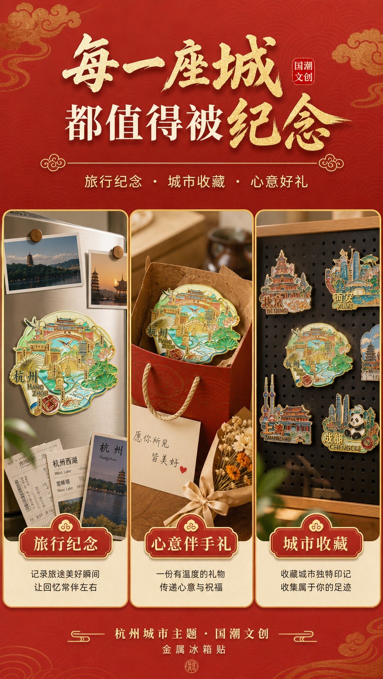 [商品] 使用【图1】杭州城市主题国潮金属冰箱贴；保留产品外观… - 图片创意预览