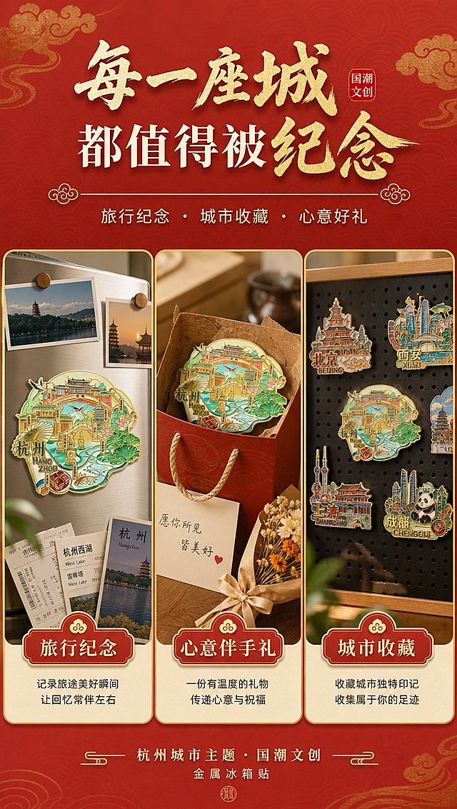 [商品] 使用【图1】杭州城市主题国潮金属冰箱贴；保留产品外观与细节；商品处理：保持产品原貌，在不同礼赠场景中自然呈现。
[画面] 页面目标：礼赠场景与情感价值，展现作为旅游纪念、伴手礼、收藏的多重意义。构图：三宫格横向拼图，左格：旅游归来将冰箱贴贴上冰箱，旁边放着杭州旅行照片和机票门票；中格：作为伴手礼放在礼品袋中，搭配贺卡和小束干花；右格：收藏在磁吸展示板上，与其他城市冰箱贴组成收藏墙。
[视觉] 套系策略：风格=国潮新中式精致文创商业摄影；标题字=国风书法体+现代粗宋结合；正文字=简洁无衬线中黑体；主色=朱红+暖金+青绿；背景延展=基于朱红与暖金做深浅层级、同色渐变和国风云纹/水纹质感；强调色=鎏金色，仅用于小面积图标、引线、标签和局部光效；标题色=深朱红+烫金效果；正文色=深棕灰；组件=圆角金边信息卡、祥云纹分隔线、中式印章元素；光影=每个场景暖调自然光，氛围温馨有故事感。
[文字] 顶部主标题"每一座城 都值得被纪念"，副标题"旅行纪念 · 城市收藏 · 心意好礼"，每格下方配标签：「旅行纪念」「心意伴手礼」「城市收藏」，文字简洁有情感共鸣。
[规格] 图片比例9:16竖版，4K分辨率，淘宝/天猫详情页适配，中文文案；避免变形、错字、文字过小、场景不真实、情感表达生硬、出现极限词。
