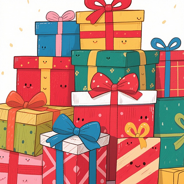 水彩风插画，拟人化礼盒堆叠，色彩明快，笑脸点缀，营造喜庆可爱氛围，适合节日贺卡设计。