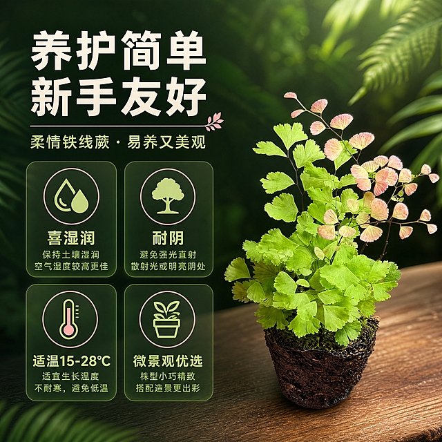 [主图-5] 养护特点信息图，展示柔情铁线蕨的养护要点与易养特性。
[统一基调] 整体风格为热带雨林自然真实质感，背景主色为深绿色与翠绿色渐变，标题字色为米白色，辅助字色为浅草绿色，强调色为嫩粉色（呼应铁线蕨粉色叶片）。字体样式为简洁无衬线粗体，字号层级分明，卡片样式为半透明深绿色圆角轻边框，图标为简约线性植物图标。
[画面] 柔情铁线蕨植株位于画面右侧，主体占比约45%，完整展示植株形态。左侧为养护信息展示区域，有四个圆形图标分别代表四个养护要点，每个图标下方有简短说明文字。背景为柔和的热带雨林绿色渐变，有虚化的叶片纹理。整体布局清晰，信息与植株平衡分布。
[光影质感] 柔和的散射光均匀照射，植株光影自然，叶片质感真实。信息图标区域有轻微的发光效果，突出信息内容。整体为真实摄影结合简约信息设计的质感。
[配色] 背景为深绿色到浅绿色的渐变，图标为嫩绿色和粉色搭配，文字为米白色和浅草绿色，整体色调清新统一。
[文字版式] 左上角主标题「养护简单 新手友好」，米白色粗体大字。下方四个养护要点图标横向排列两行：第一行「喜湿润」（水滴图标）、「耐阴」（树荫图标）；第二行「适温15-28℃」（温度计图标）、「微景观优选」（小盆栽图标）。每个图标下方有对应文字说明，浅草绿色文字。文字均在左侧区域，不遮挡植株主体。
[输出要求] 1:1比例，文字清晰可读，信息排版整齐。负向：变形、错字、模糊、杂乱、水印、平台Logo、信息遮挡植株、图标过于复杂。