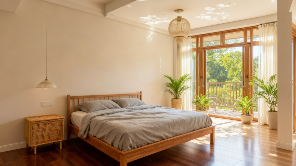 120平米户型里的原木风卧室，浅米色墙面，深棕色实木地板，原木床架搭配浅灰色床品，藤编床头柜，搭配柔和的吊灯，窗边摆放绿植，大窗户引入自然光线，营造温馨治愈的睡眠氛围，风格和参考图一致预览效果