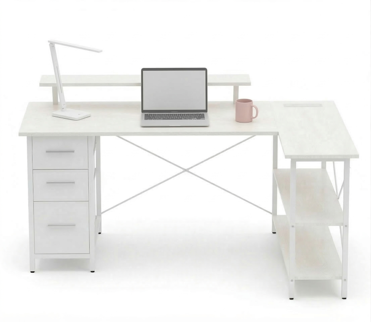保持这张带顶高台L型白色书桌本身不变，在主桌面上添加打开的笔记本电脑、粉色马克杯、现代简约白色台灯，保持纯白色背景，整体光影协调自然，不改变桌子原有结构和正面视角，保留桌子细节和材质，顶高台保留不放置预览效果