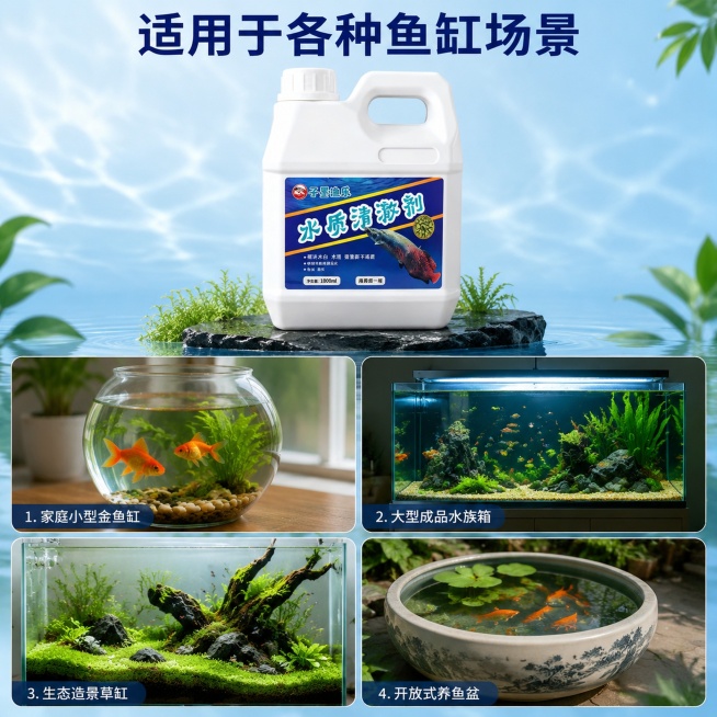 [主图-4] 多场景适用-多种鱼缸适配展示。本屏使用【图2】作为商品主体。
[氛围风格] 生活化水族场景，代入感强，真实自然
[画质] 商业摄影质感，清晰明亮，场景真实
[元素] 产品放在顶部居中位置预览效果
