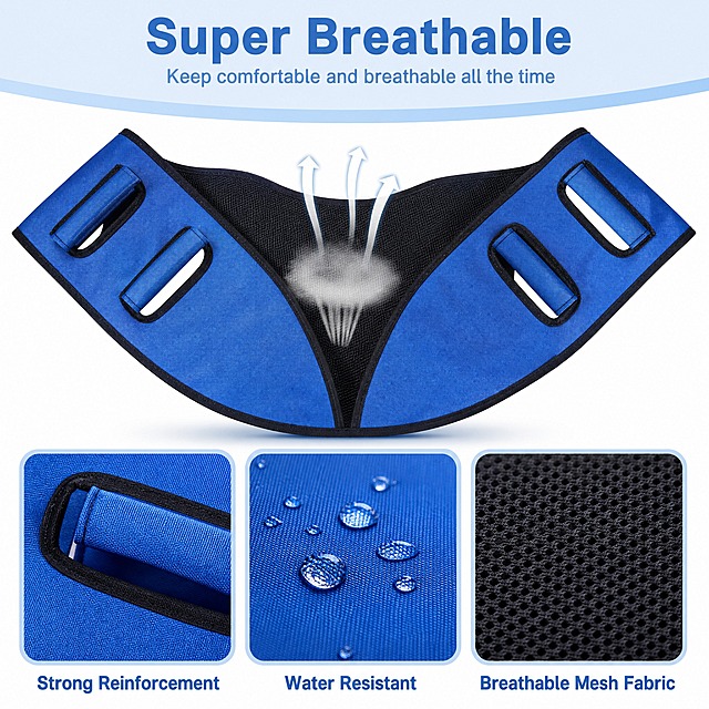 [主图-3] Transfer Sling Gait Belt 转移护理腰带，透气舒适材质卖点图。
[统一基调] 跨境医疗护理专业风，浅蓝白色背景，上中下三层结构：顶部标题+中部产品V形展示透气效果+底部3个细节方框图，主色医疗蓝+白，无衬线英文粗体。
[画面] 顶部大标题"Super Breathable"，下方副标题"Keep comfortable and breathable all the time"。中间主体是蓝色转移腰带呈V形展开摆放，展示内侧黑色透气网眼面料，网眼上方有3条白色向上气流箭头和一团白色棉絮状透气示意，表现空气流通效果。腰带左右两翼各有3个加厚把手清晰可见。底部横向排列3个方形细节图，带浅蓝色边框：左图是把手加固缝线特写配文字"Strong Reinforcement"，中图是蓝色牛津布表面水滴滚落效果配文字"Water Resistant"，右图是黑色网眼面料微距纹理配文字"Breathable Mesh Fabric"。
[光影质感] 影棚柔光均匀照射，网眼纹理细腻真实，水滴有透明光泽感，产品层次分明，细节图清晰锐利。
[配色] 背景白色#FFFFFF，顶部浅蓝装饰条#D6EAF8，标题蓝色#5B9BD5，副标题浅灰蓝#7FB3E0，细节图边框浅蓝#AED6F1。
[文字版式] 顶部标题最大粗体居中，副标题较小居中，底部3张细节图下方各配一行说明文字，全部英文无衬线字体。
[输出要求] 1:1正方形，2048x2048像素，文字清晰，材质质感真实。负向：中文、错字、模糊、变形、水印、多余装饰、人物。