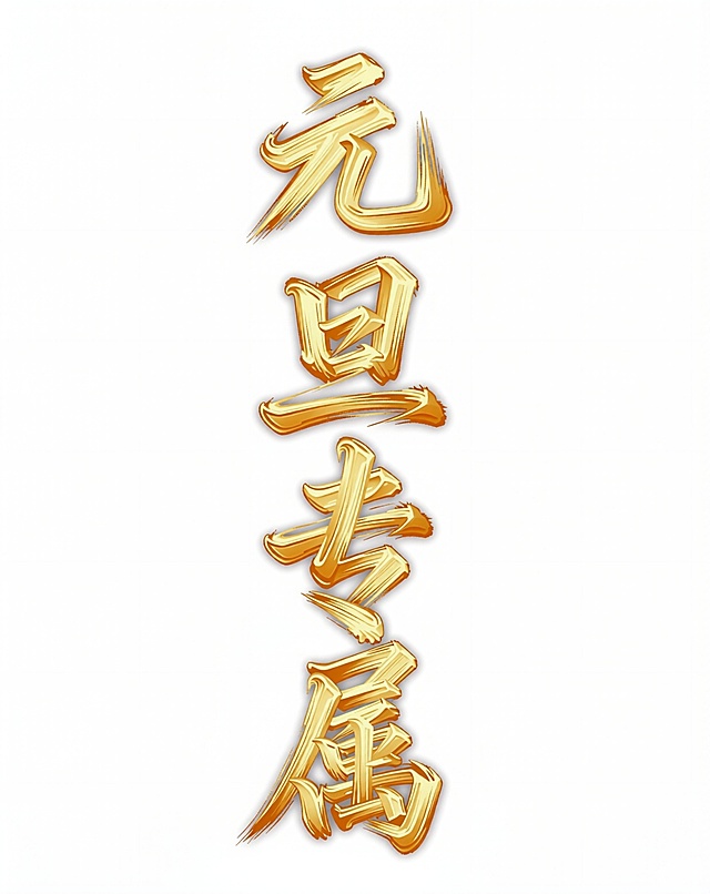 按照这个图片的字体和配色，把文字改为：元旦专属，颜色为金黄色，然后重新生成一个一模一样的字体和颜色的PNG透明底图片，元旦专属四个字竖着排列，需要完整看到这4个字
