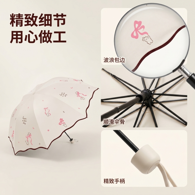 [主图 3] 晴雨伞细节品质展示图
[氛围风格] 简约质感风，突出产品细节
[画质] 商业摄影微距质感，细节清晰锐利，画面干净高级
[元素] 放大镜放大展示雨伞的波浪伞边和蝴蝶结印花细节，展示顺滑伞骨预览效果