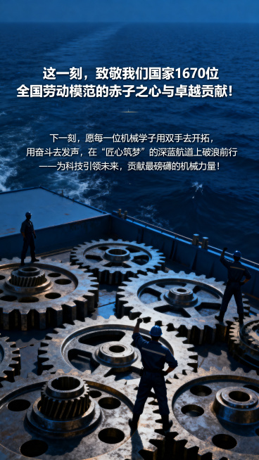 一幅致敬全国劳动模范的机械工程主题海报，深蓝色背景，象征深蓝航道，画面包含机械齿轮元素和劳动工人剪影，文字内容：“这一刻，致敬我们国家1670位全国劳动模范的赤子之心与卓越贡献！下一刻，愿每一位机械学预览效果